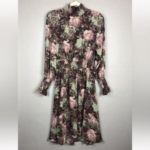 Nanette Lepore Smocked Midi Dress 6 Maroon Green Floral Modest Pullover Holiday